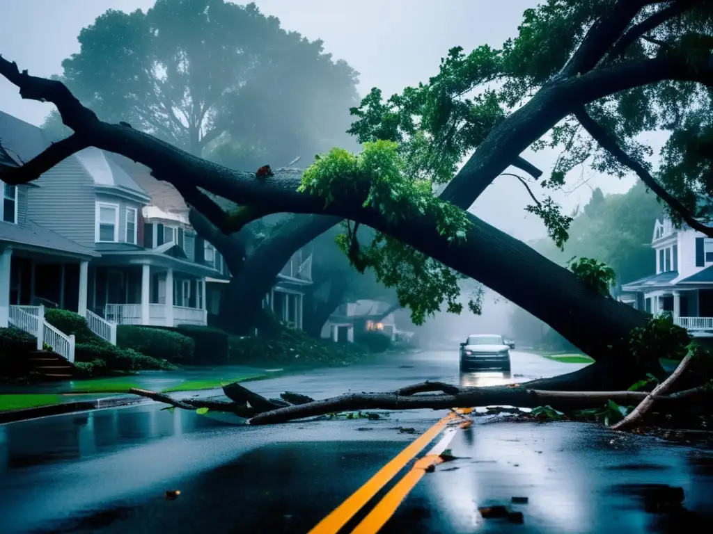 A dramatic shot of a fallen tree during a hurricane, with debris scattered around it