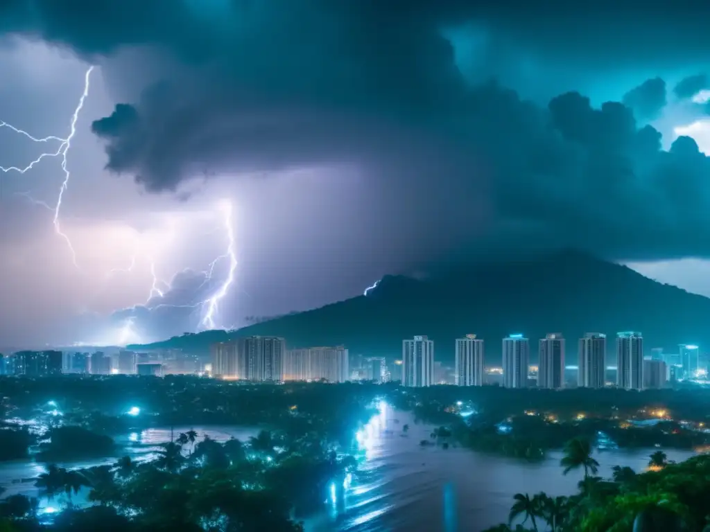 A breathtaking 8k image captures the essence of a tropical storm raging through a city, with lightning and torrential rain filling the swirling clouds