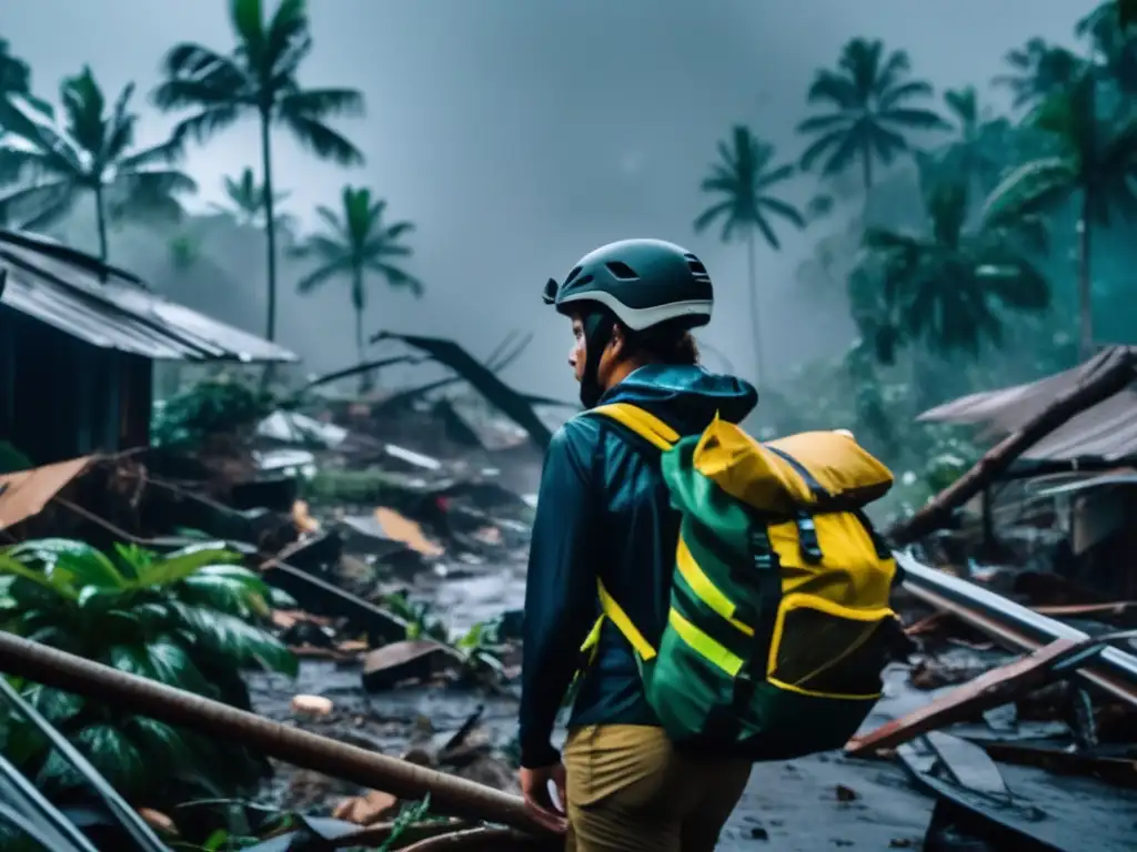 Amidst the chaos of a hurricaneravaged city, our hero stands tall in a helmet and backpack, determined to survive