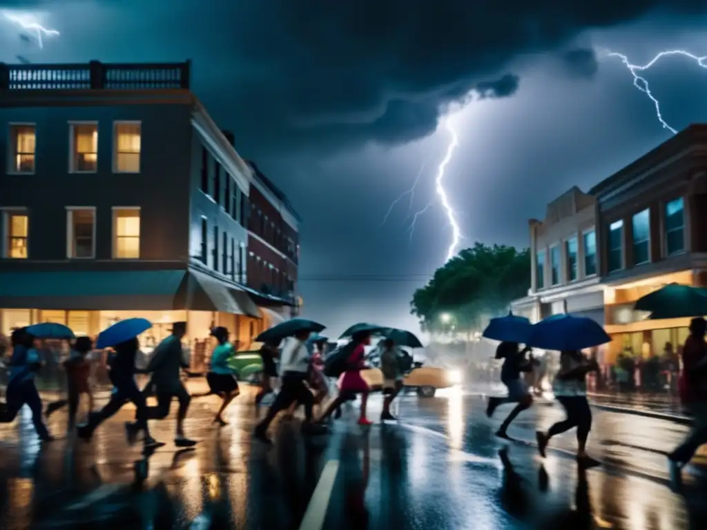 A thrilling scene of a bustling city in turmoil during a hurricane