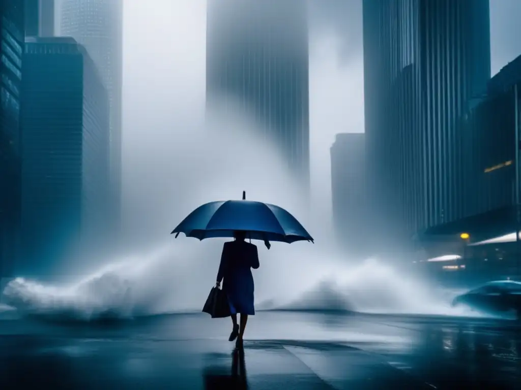  ️ A lone figure stands tall in front of a roaring hurricane, their umbrella a testament to human resilience, even in the face of crumbling buildings and chaos