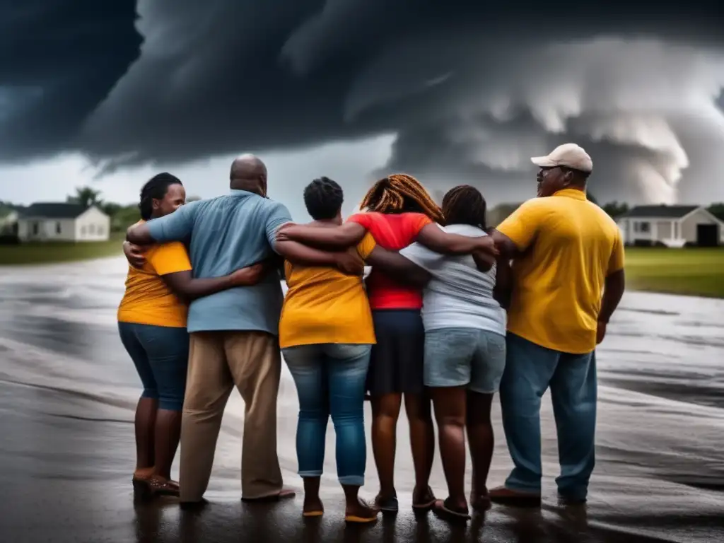 During a hurricane, a community stands united, hand in hand, determined to weather the storm together