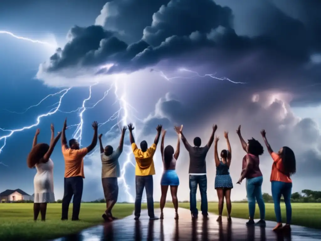 A captivating image of people standing in unity during a hurricane, their hands reaching towards the sky