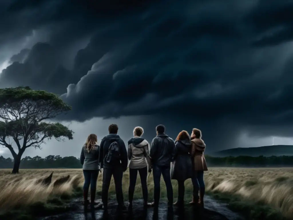 Group of people huddled together in a stormy outdoor setting, with dark clouds overhead and trees bending in the wind