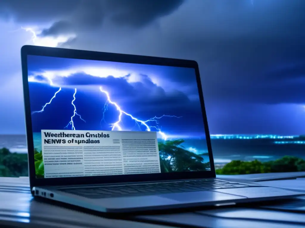 Intense storm brews behind laptop with urgency to stay up-to-date on news articles and weather updates displayed on the weatherbeaten screen