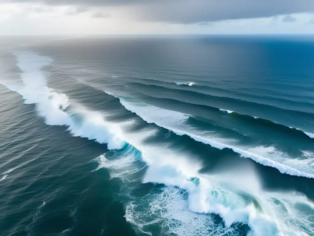 An aerial shot of the ocean during August and September, with towering waves being pulled apart by the hurricane