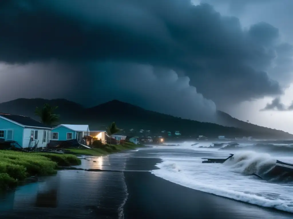 A powerful hurricane ravages a coastal village, leaving devastation in its wake