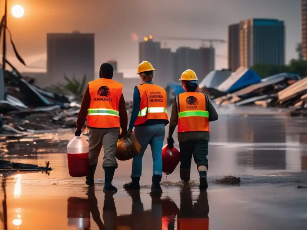 A vivid image of volunteers in orange vests, standing tall in the face of a devastated city