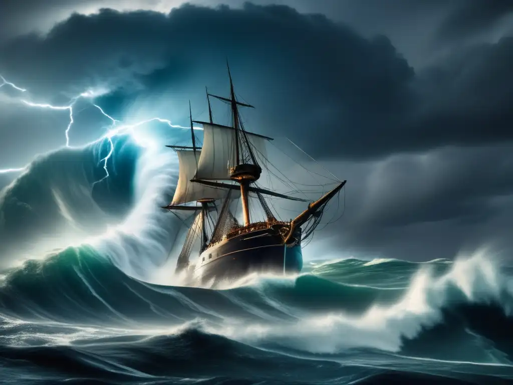 A dramatic depiction of Hurricane's wrath, with towering waves crashing against a lone ship amidst a churning sea