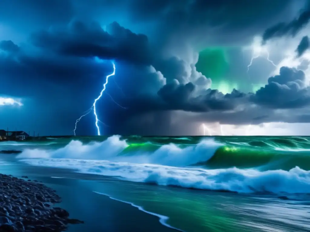 A simmering tempest rages with lightning-illuminated skies like toxic flames, their fury dumped on an abandoned beach