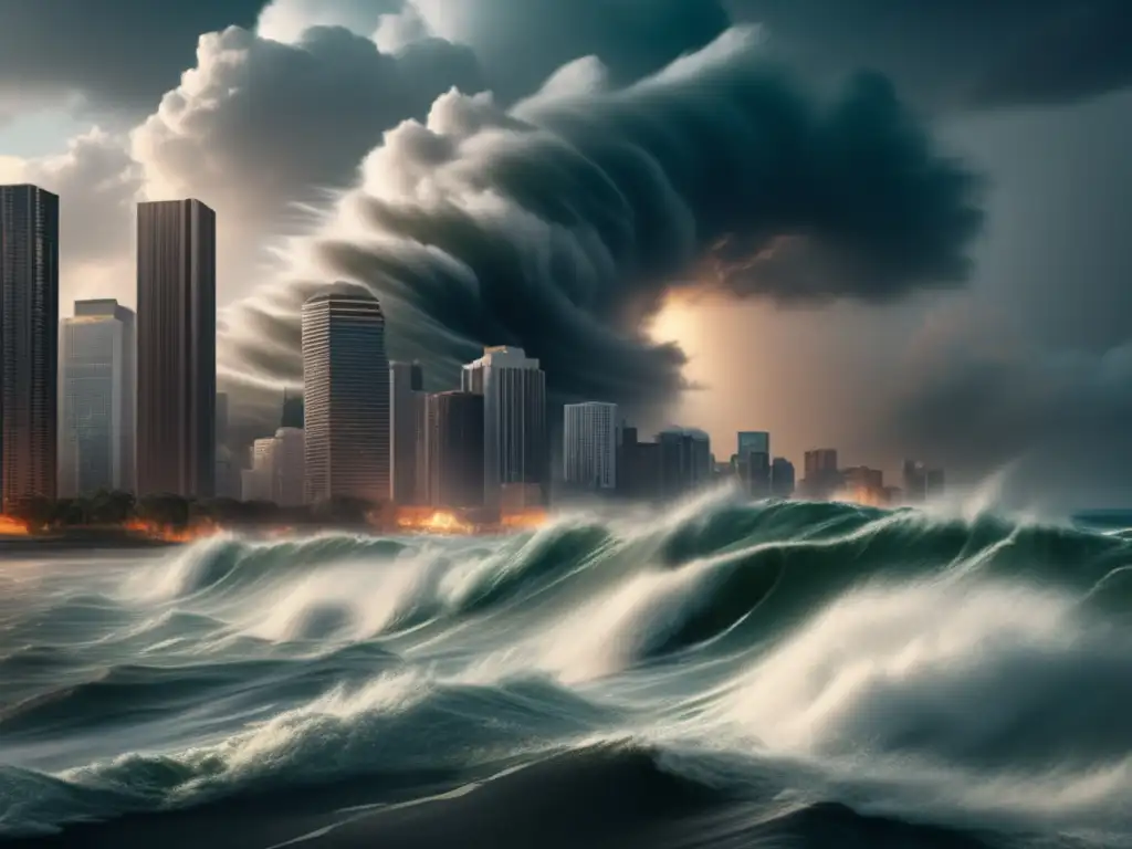 A cinematic depiction of nature's fury, with swirling winds, crashing waves, and city skyline submerged