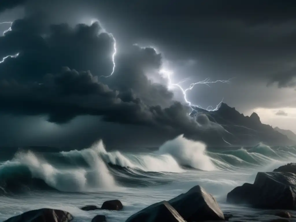 A Mortifying Image of a Hurricane: Perilous and Majestic Storm Clouds Whirl Around the Rocky Shore