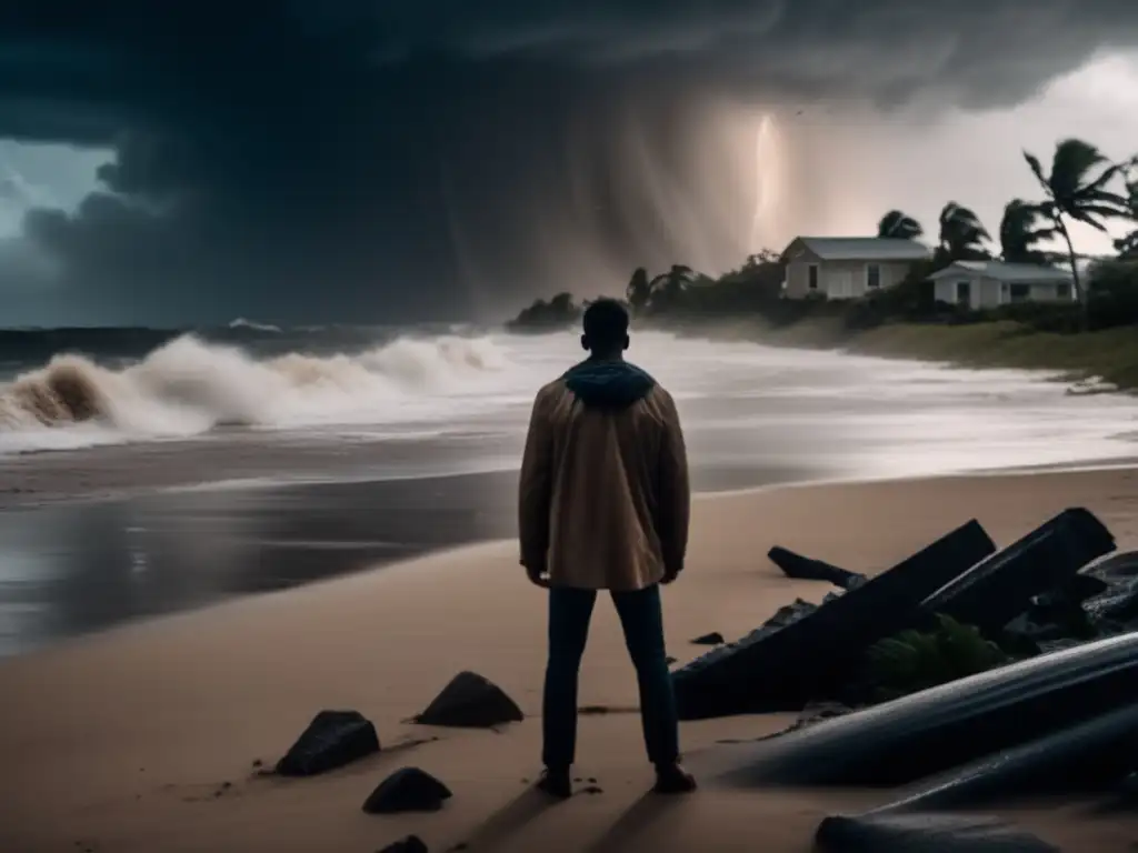 With the sea roaring and the sky ominous, a person stands alone on the sandy beach during a hurricane