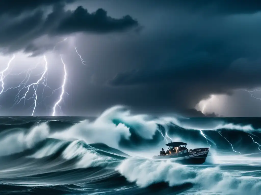 Intense hurricane rages over the ocean, with towering clouds and lightning strikes illuminating the dark sky