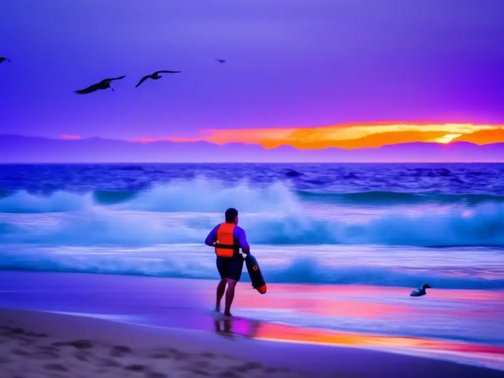 Amidst the chaos of a hurricane, a lone swimmer braves the storm, clad in trunks and a life jacket