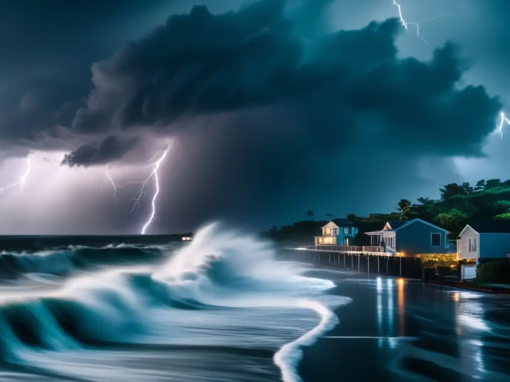 A powerful hurricane hits the shore, with lightning strikes and torrential rain