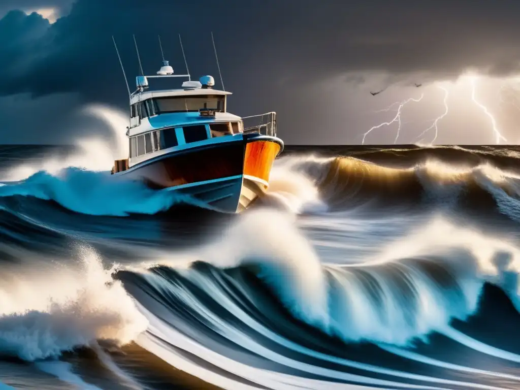 Amidst towering waves and lightning strikes, a wooden boat fights for survival during a torrential hurricane