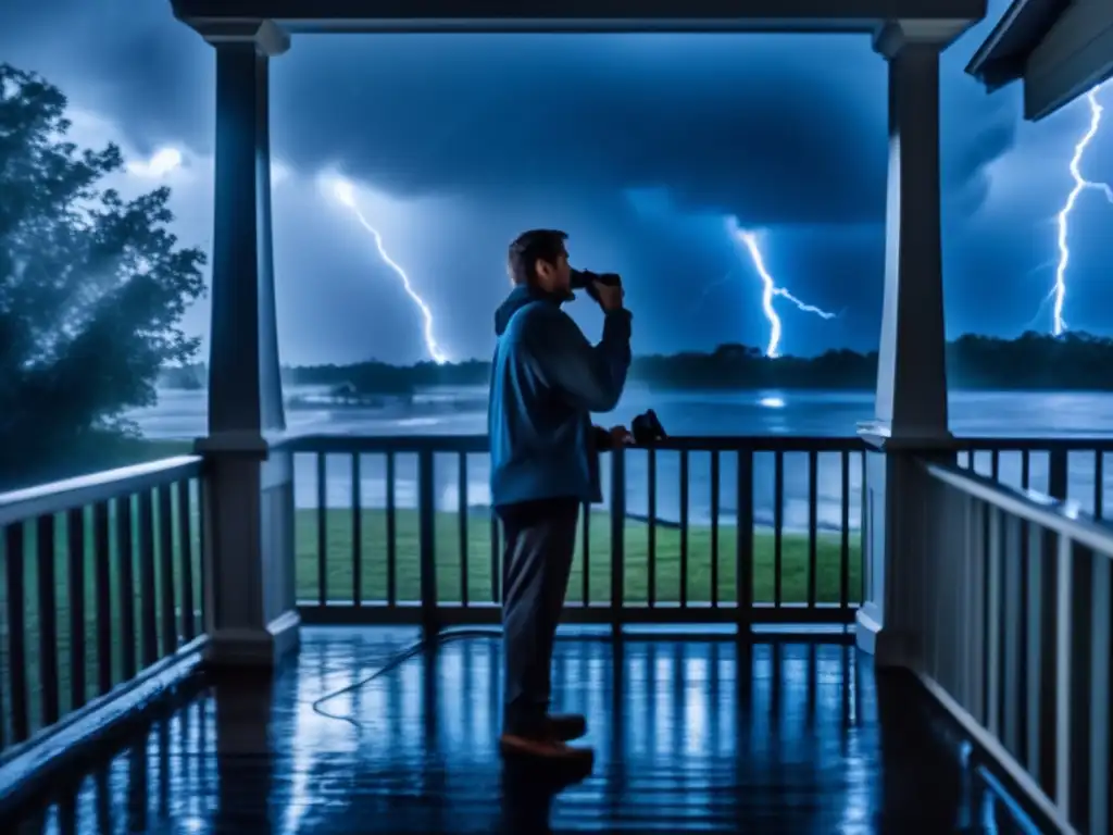 A cinematic image of a person standing on their porch during a hurricane, blowing a whistle urgently to alert others in the community