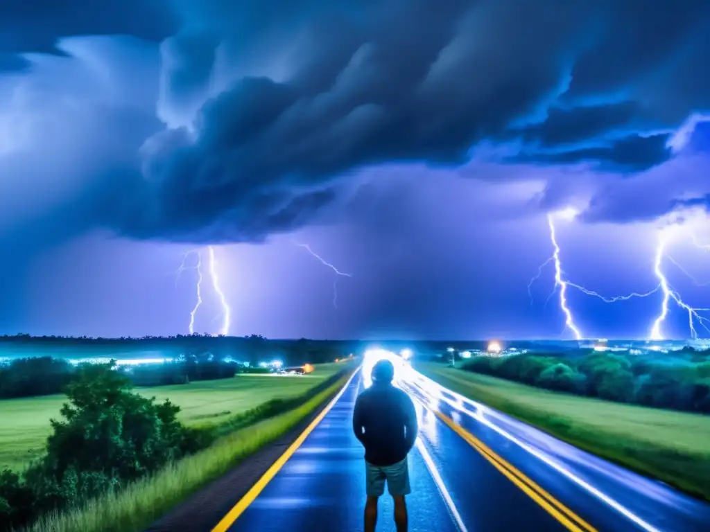 A person stands at a window, gazing into the distance as a looming hurricane approaches