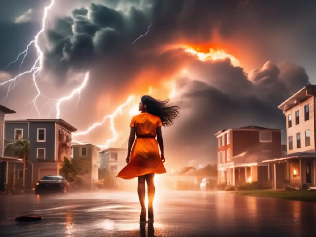 A woman bravely stands in the eye of a hurricane, with swirling wind and rain around her, as lightning strikes nearby