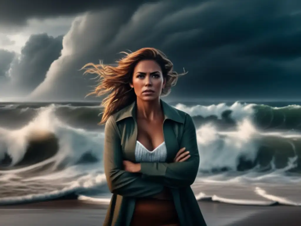 Surviving the tempest: A determined woman braves nature's fury on a deserted shore, as winds whip and waves crash around her during a hurricane