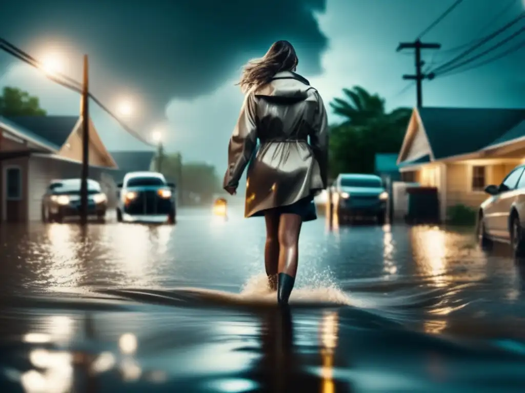 Amidst the chaos of a hurricane, a determined woman bravely navigates the flooded streets of her town with her prosthetic leg, surrounded by abandoned cars and the ominous sound of lightning strikes in the distance