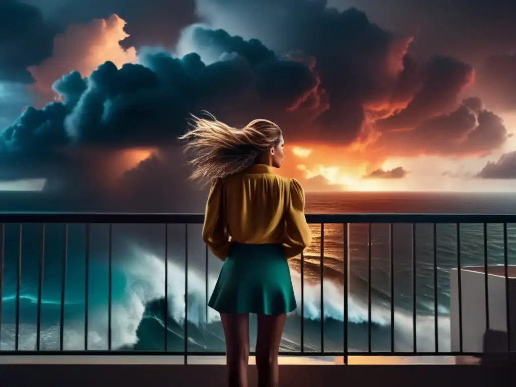 A person stands resolute on a balcony, staring down the imminent hurricane with a steely gaze as the darkening sky roars above