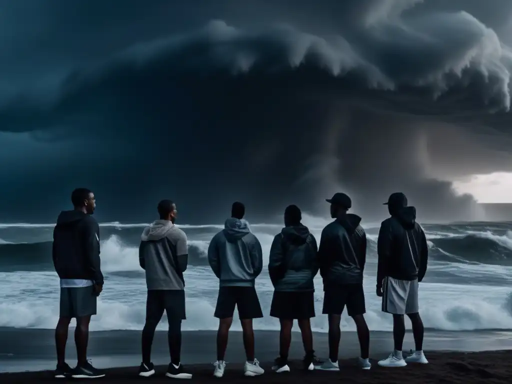 A dramatic black and white image captures a group of people standing together in fear and vulnerability amidst a stormy ocean