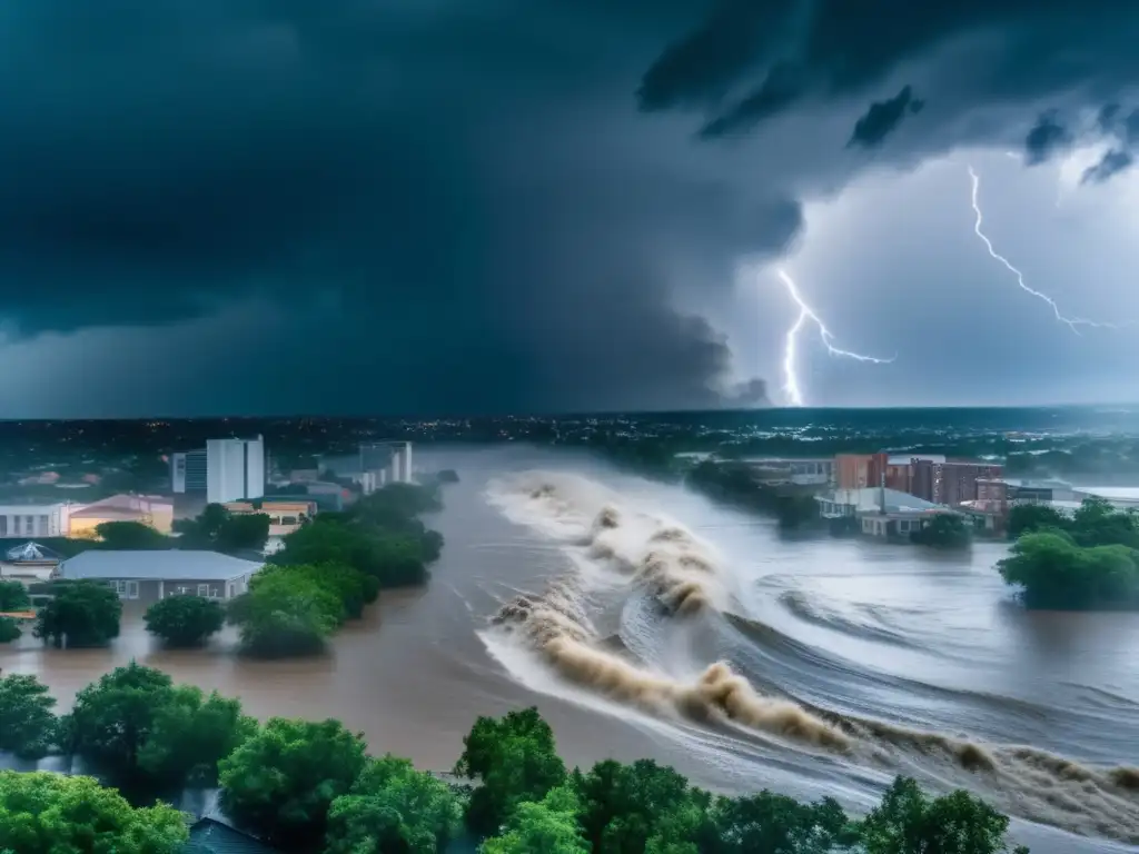 A stunning image of a hurricane wreaking havoc in a city, with powerful winds tearing apart buildings and lightning illuminating the stormy sky