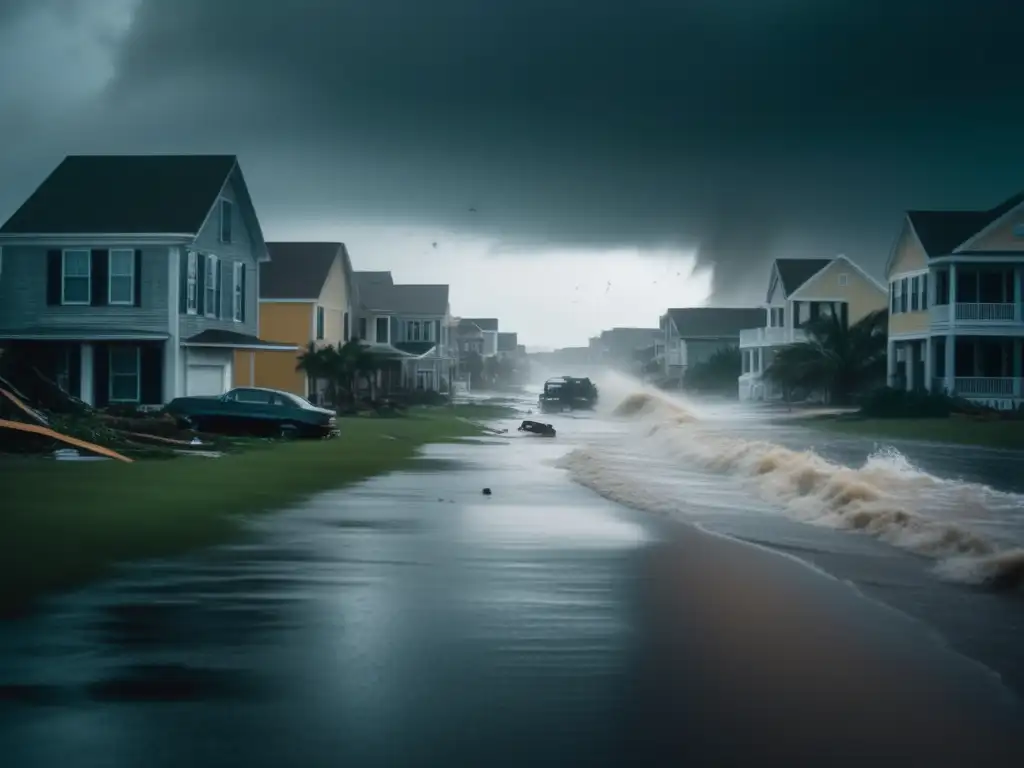 A somber scene of a coastal town battling the aftermath of a hurricane