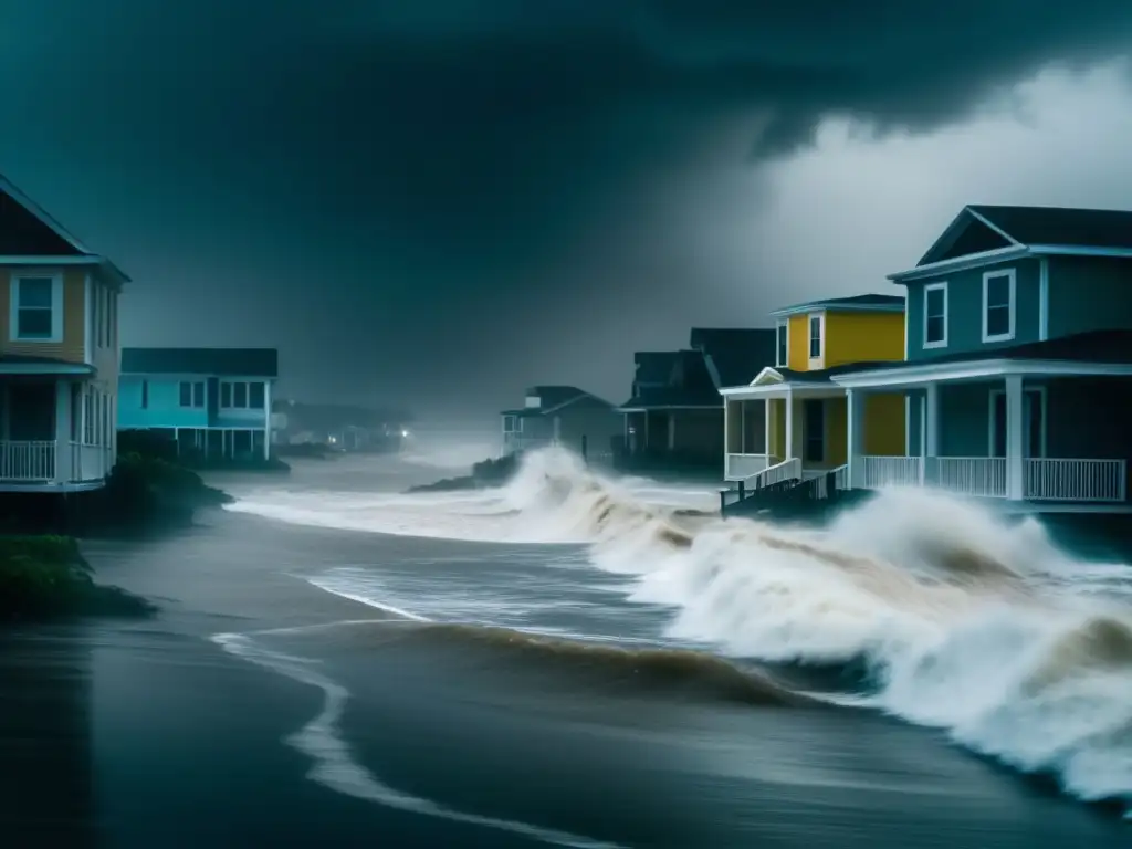 A cinematic-style image during the raging hurricane captures the intensity and chaos of a storm as it devastates a coastal town