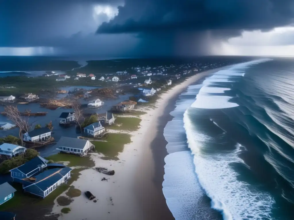 A devastating aerial shot of a hurricane-wrecked coastal town, where debris and trees are scattered across the landscape