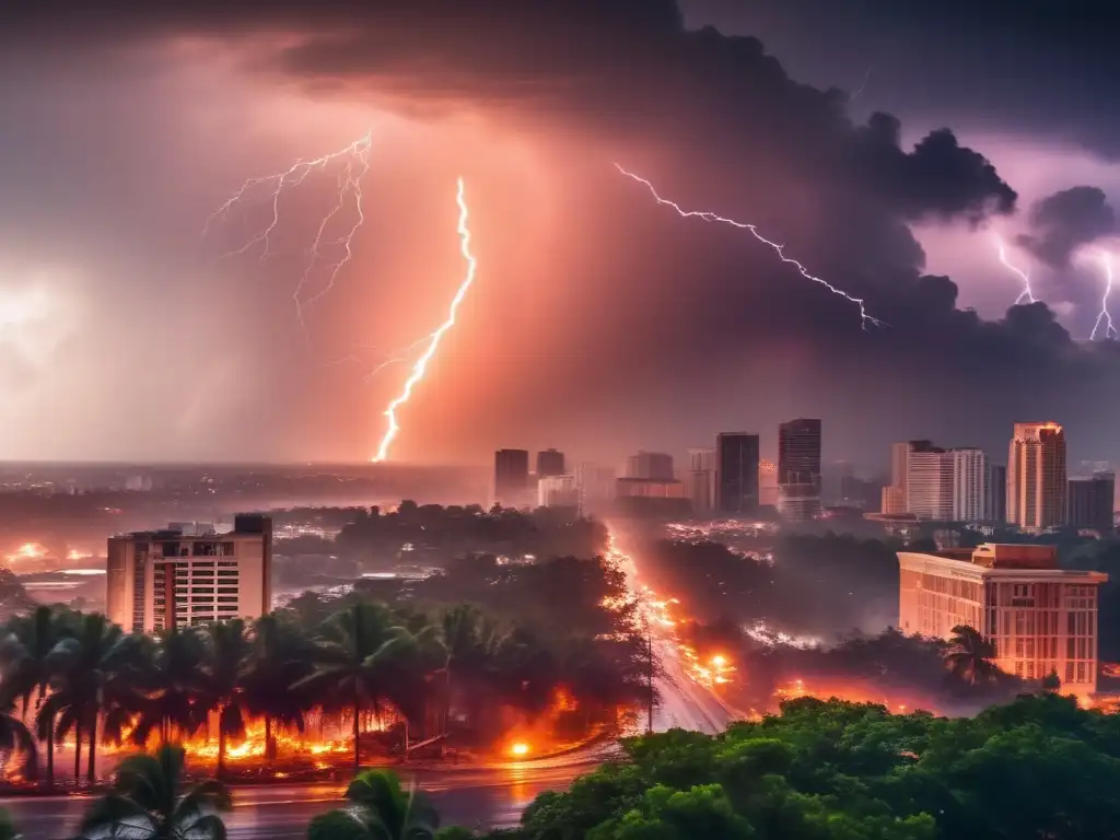 Beneath a tempestuous sky, this cinematic image of a ravaged cityscape showcases the full force of Hurricane's destruction