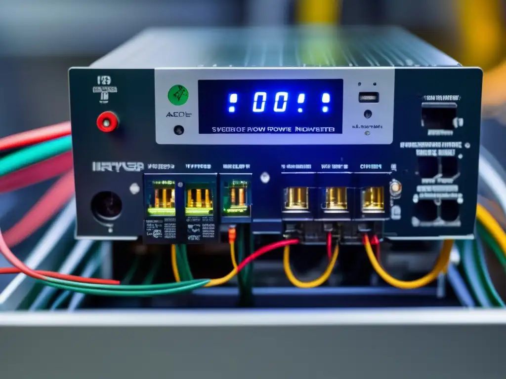 A dynamic image of a hybrid power inverter system, intricately connected wires, and electronic components at work, with soft, dramatic lighting, and iconic energy source markings