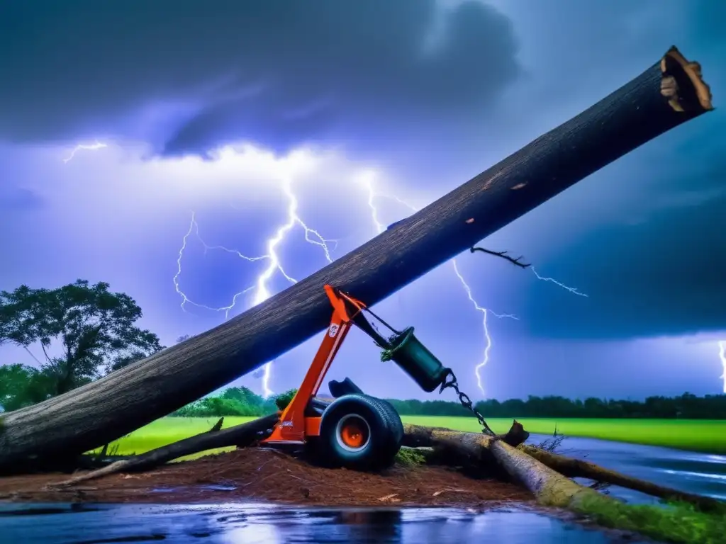 A hydraulic bottle jack lifts a fallen tree amidst a hurricane