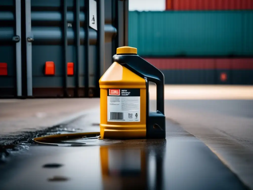 A hydraulic bottle jack in a dark, industrial setting with dirty machinery and dusty ground