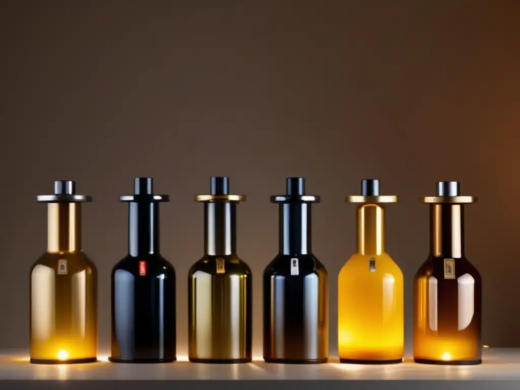 Beautifully illuminated collection of diverse hydraulic bottle jacks, each on a pedestal, exuding an otherworldly atmosphere