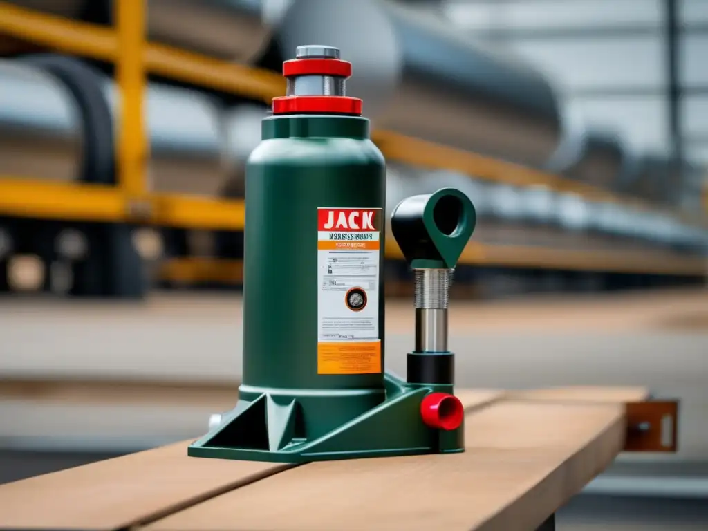 A sleek and sturdy hydraulic bottle jack standing tall on an industrial workshop or job site