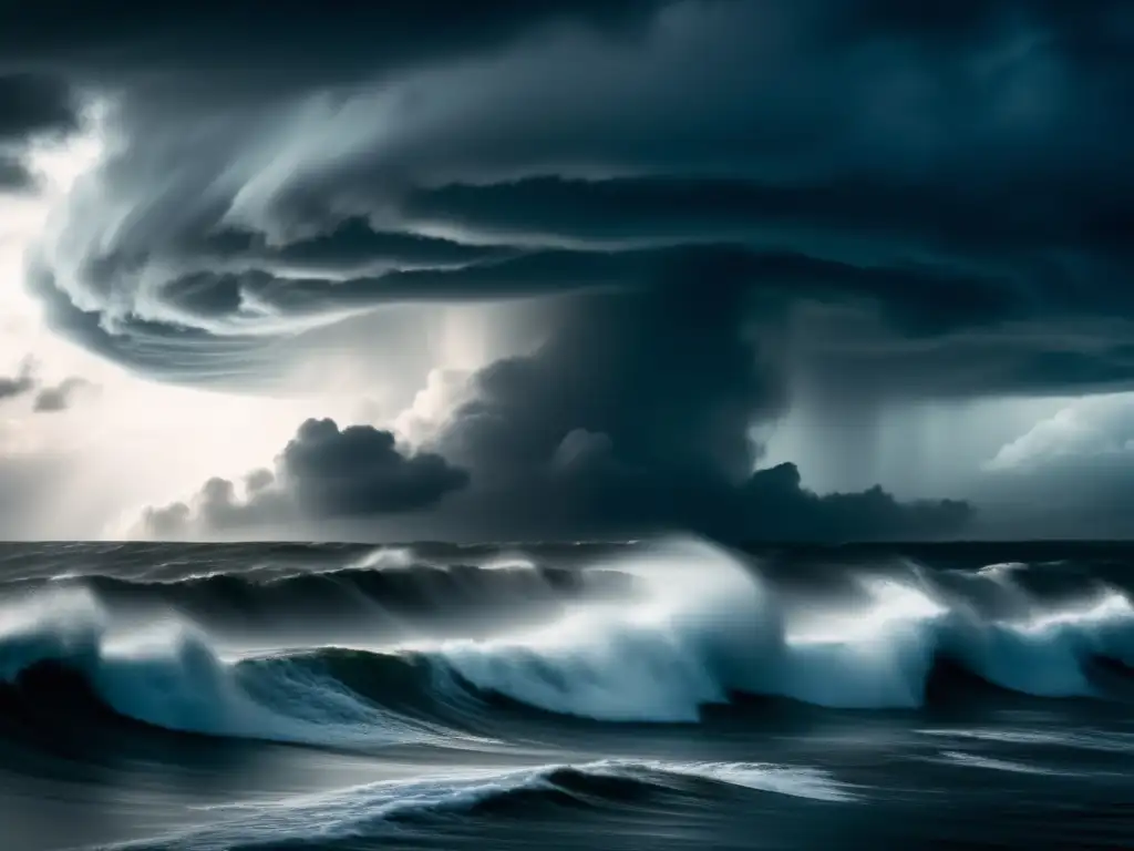 A cinematic portrayal of a massive hurricane, with swirling, ominous clouds and rain pouring down, casting a dark mood on the horizon