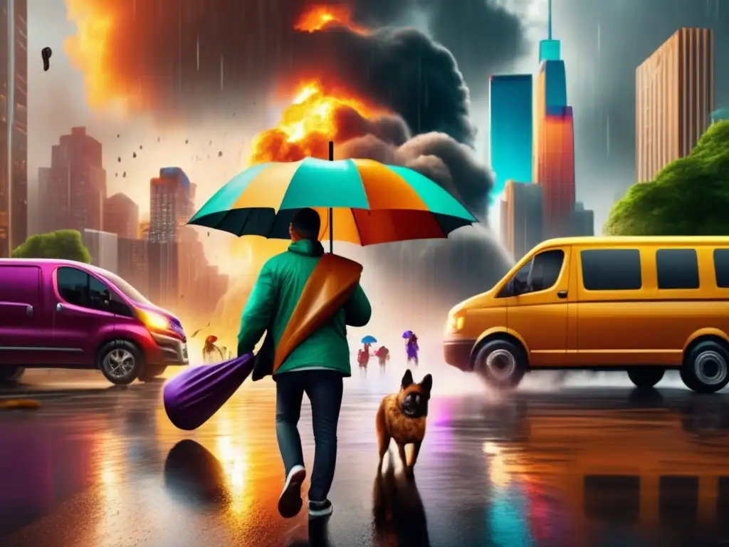 A stunning 8k hyperrealistic image of a person battling the elements - Surrounded by exploding motorcycles, while holding an umbrella and kettlebells - Playing pets in a delivery van in the background 
- Amid a furious hurricane, children play their musical instruments with vibrant colors and raincoats - Hurricane rages in the city skyline, raindrops pouring down on them - A picturesque backdrop
- In a cozy home, a family prepares pancakes while outside trees sway with rain and lightning strike - Striking lightning, swaying trees, and raindrops falling on them 
- A brave kayaker navigates through a tropical rainforest with calming water and mountain views - Surrounded by rain showers, wearing a life jacket and holding a paddle
- A person playing tennis in a park while taking shelter under colorful umbrellas during a tropical rain and lightning storm - Unifying the community, vibrant colors amid a stormy background