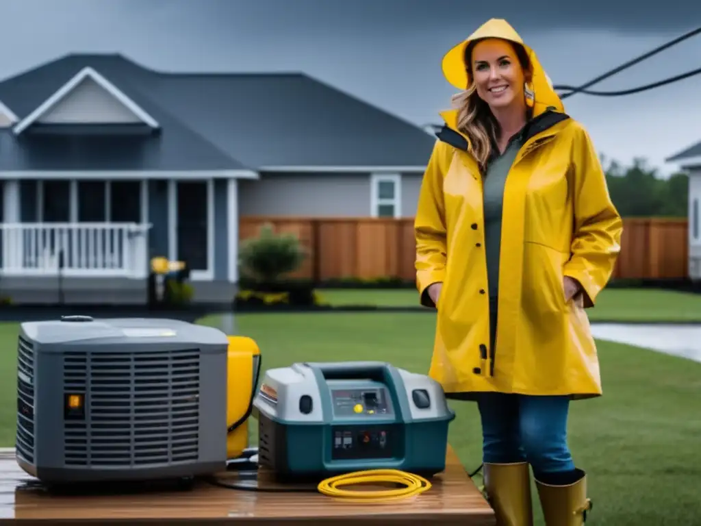 A determined woman readying her yard for the hurricane, with heavyduty extension cords strategically strewn across a table