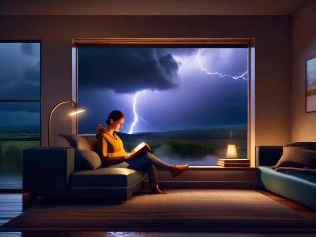 A person snuggles with a book, staring at the raging storm outside while a warm lamp casts comfort onto the room