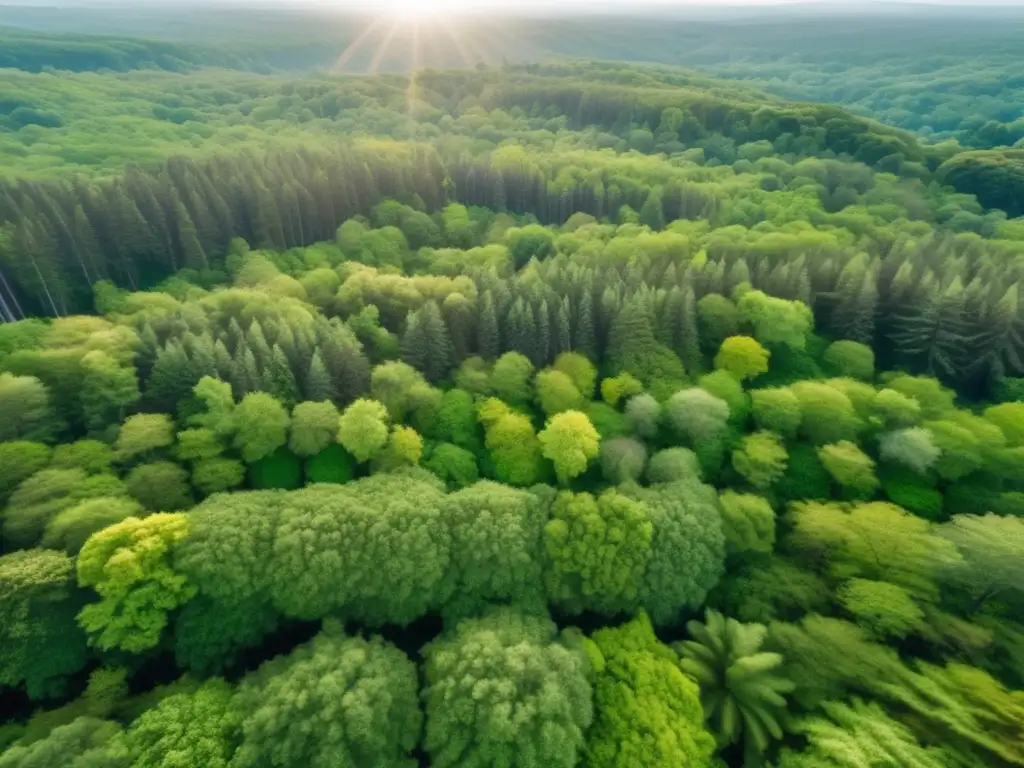 A breathtaking aerial view of a dense lush green forest, with sunlight filtering through the leaves, creating a serene and adventurous atmosphere