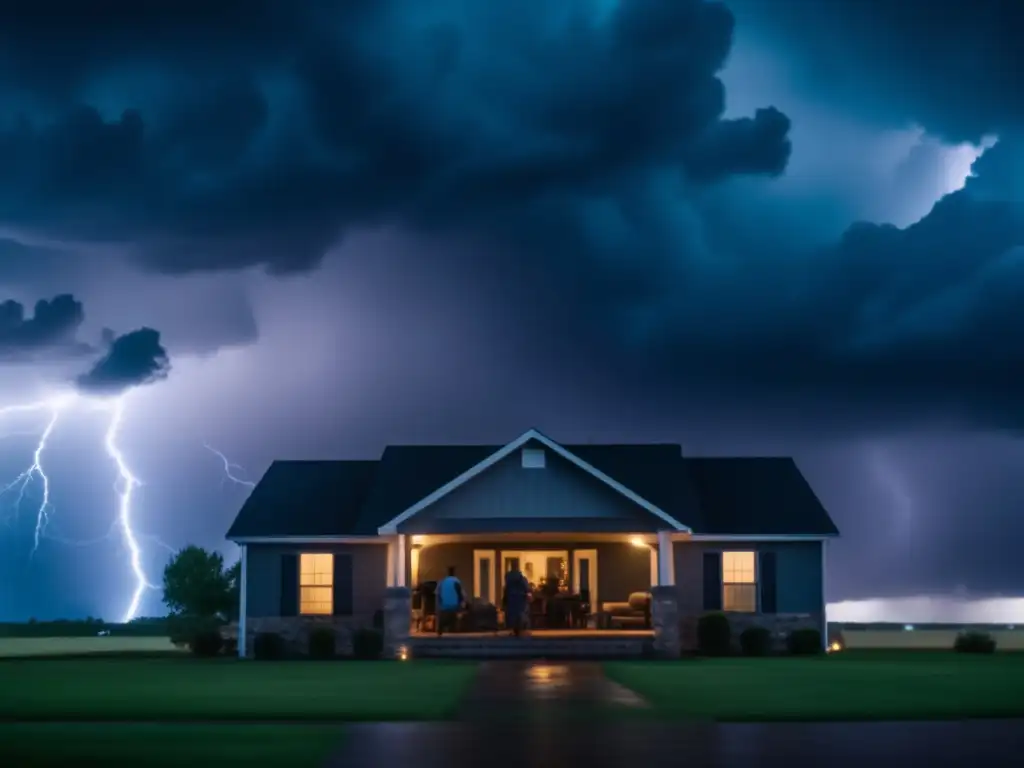 A cinematic image of a residential home porch with an impending storm, showcasing storm chasers preparing for the field