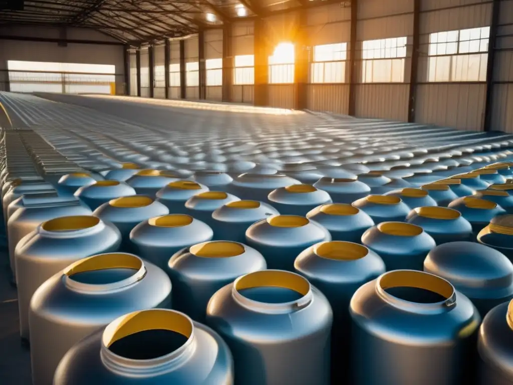 A large group of water storage containers neatly stacked in an industrial warehouse, illuminated by warm, golden light