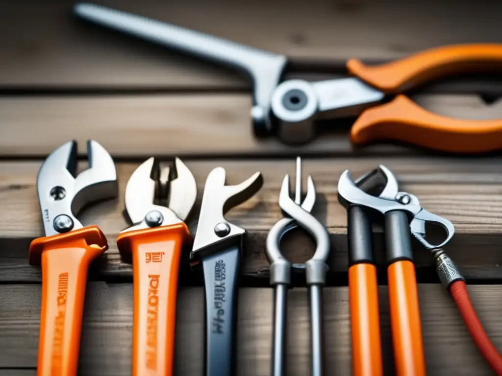 A closeup of rustic wrenches and pliers, arranged on a wooden utility table against a blurred background of a concrete basement ceiling