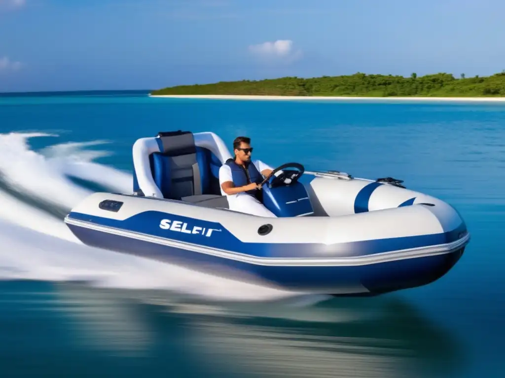 An elegant and luxurious inflatable boat with selfinflation feature, painted in metallic blue and complemented with white accents