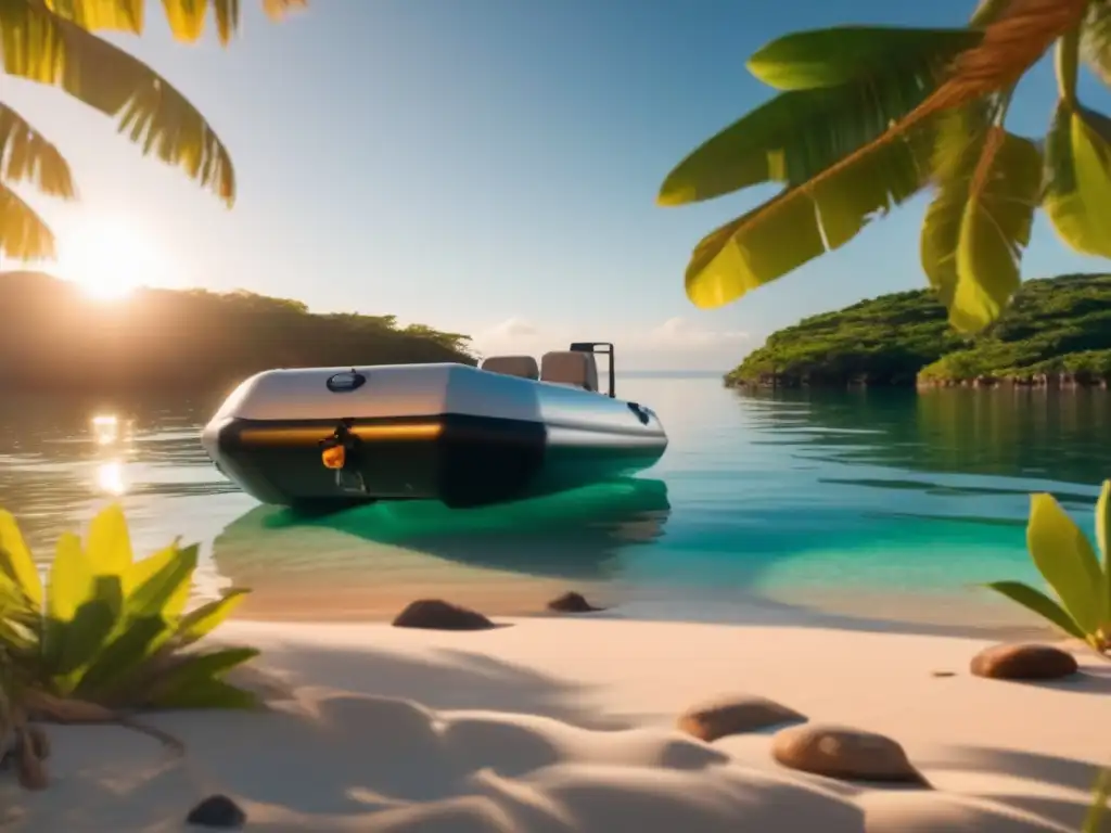 Filmed on a secluded island, this inflatable boat boasts crystal clear water and solar panels casting a warm, golden light