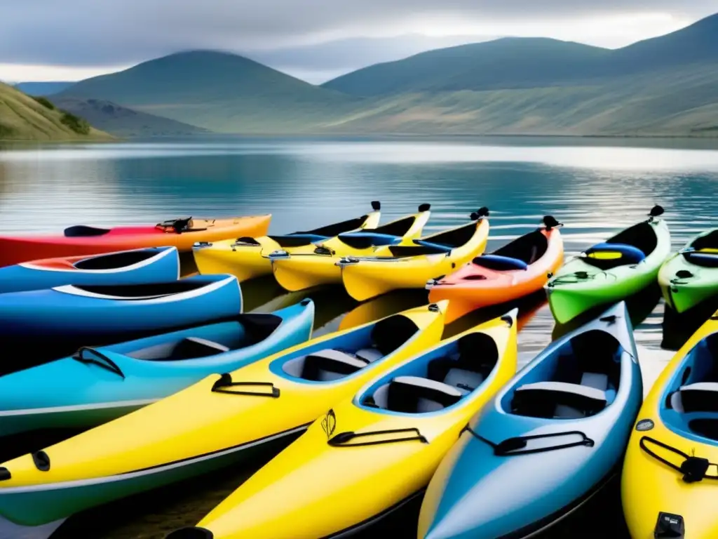 An array of vibrant, inflatable kayaks colorfully contrast against a serene lake, with gentle hills in the background