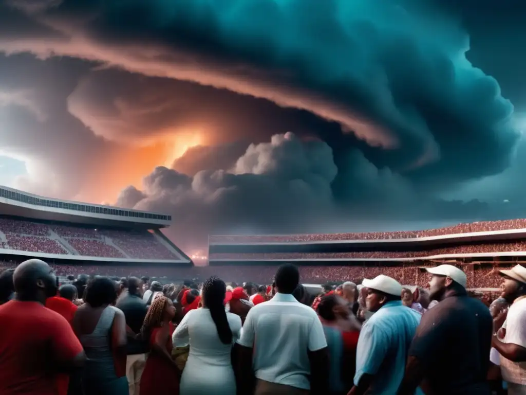 Hurricane Katrina hits a concert stadium, devastation visible in infrared filming